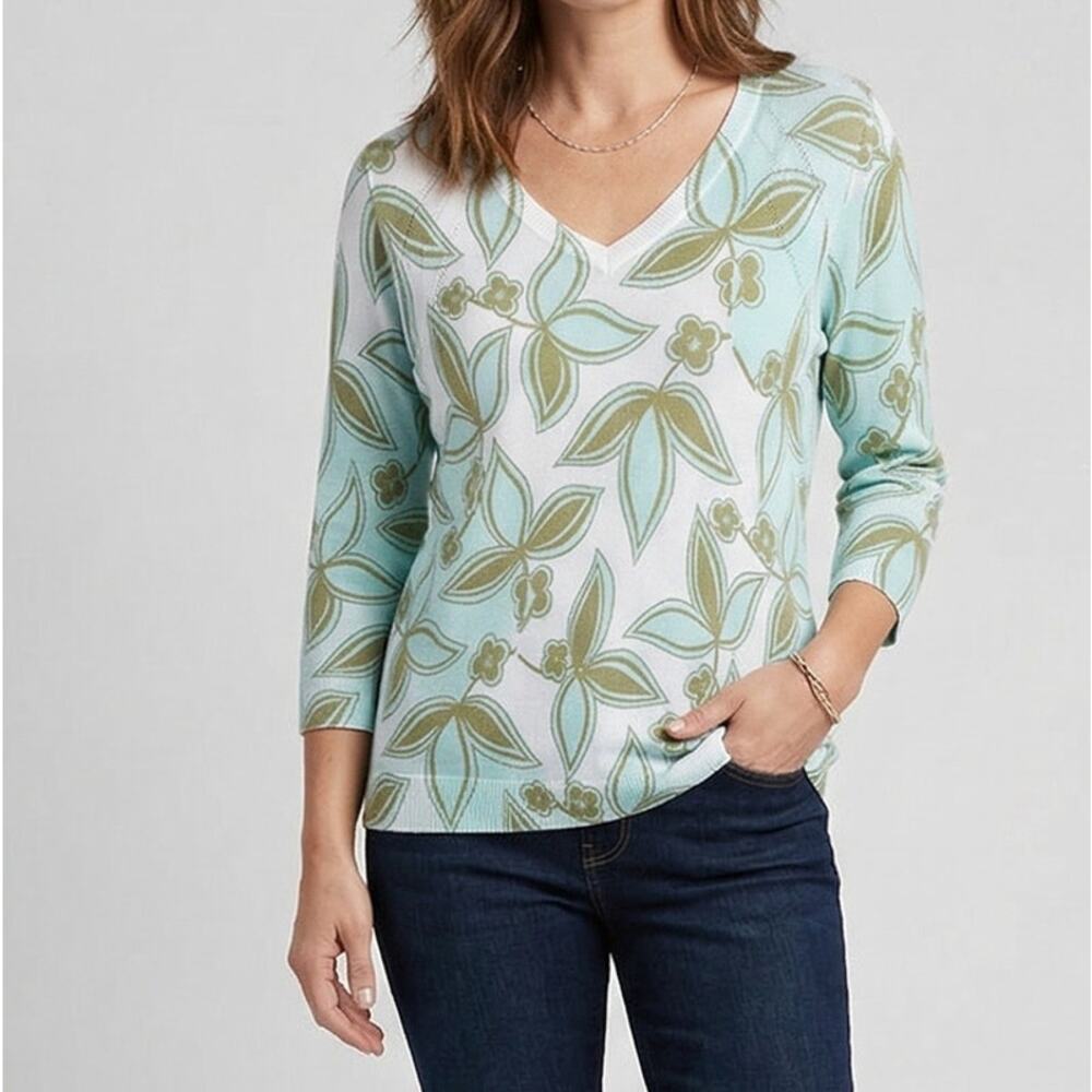 Talbots Outlet Small V Neck Sweater 3/4 Sleeve White Green Blue Floral Cotton